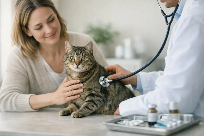 Katzenversicherung und Vorsorgeuntersuchungen Eine Katzenhalterin mit ihrer Katze beim Tierarzt