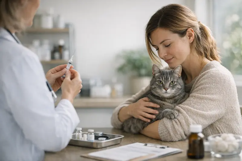 Vorsorgeuntersuchung bei der Katze Eine Katze beim Tierarzt während einer Vorsorgeuntersuchung inklusive Impfungen.