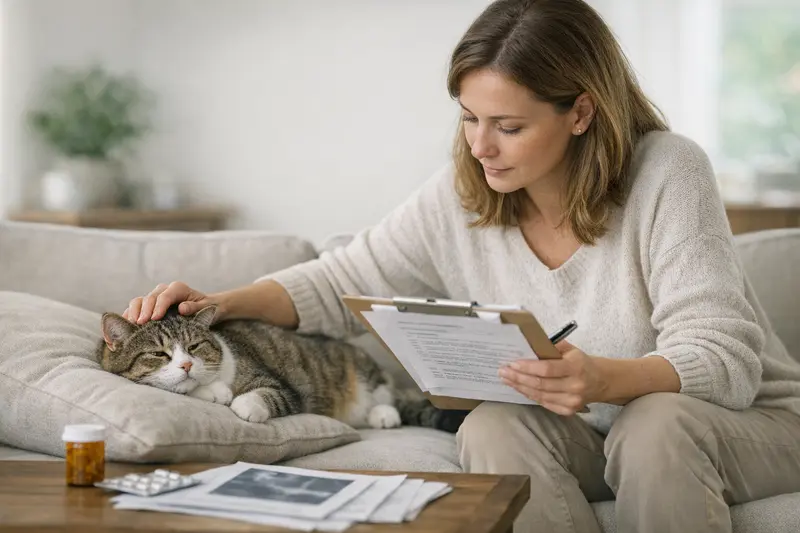 Katzenversicherung und Vorerkrankungen Katze beim Tierarzt, die auf möglichen Vorerkrankungen untersucht wird