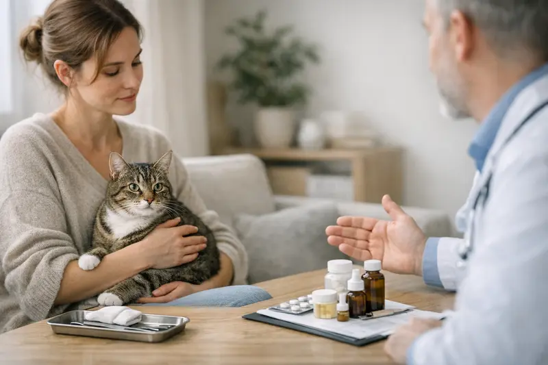 Tierhalter und Katze in der Tierarztpraxis während einer Behandlung
