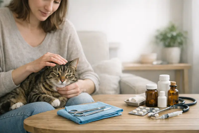 Eine Katze beim Tierarzt, die für eine Operation behandelt wird, zeigt den Unterschied zwischen OP-Schutz und Katzenkrankenversicherung.