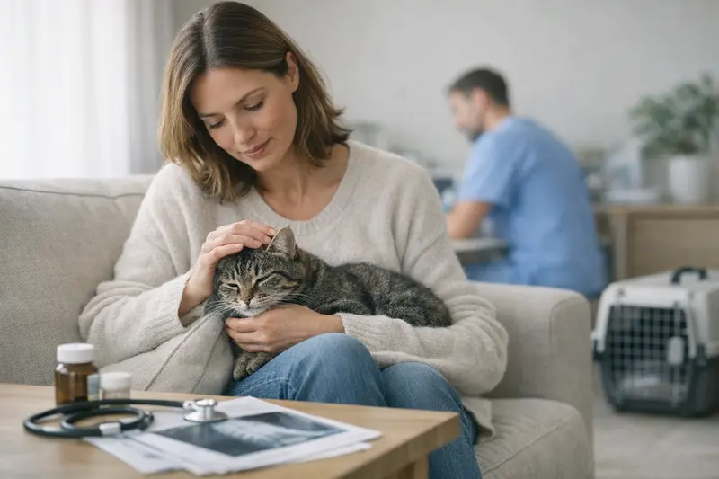 Untersuchung einer Katze beim Tierarzt Eine Katze wird von einem Tierarzt untersucht, um die Unterschiede zwischen OP-Versicherung und Krankenvollversicherung zu verdeutlichen.
