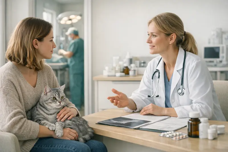 Eine Katze wird während einer Operation im Tierarztpraxis behandelt, um die Unterschiede zwischen OP-Versicherung und Krankenvollversicherung zu veranschaulichen.