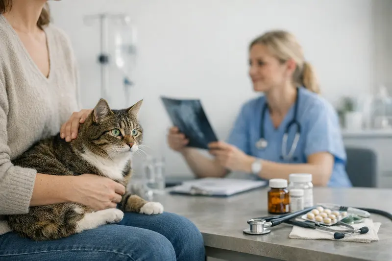 Untersuchung einer Katze beim Tierarzt Eine Katze wird beim Tierarzt untersucht, um die Unterschiede zwischen OP-Versicherung und Krankenvollversicherung zu verdeutlichen.