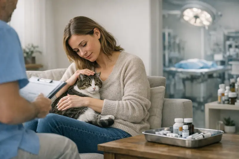 Eine gesunde Katze beim Tierarzt, die sich für eine Behandlung bereitmacht, symbolisiert den Unterschied zwischen OP-Versicherung und Krankenvollversicherung für Katzen.