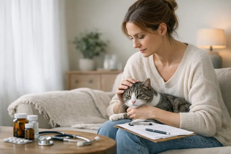 Eine Katze mit einem Healthcare-Dokument, um Informationen über Vorerkrankungen zu überprüfen.