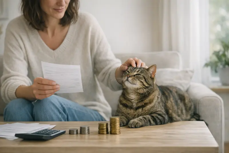 Selbstbeteiligung bei der Katzenversicherung Eine Katze sitzt entspannt auf dem Tisch, während eine Hand eine Versicherungspolice erklärt.