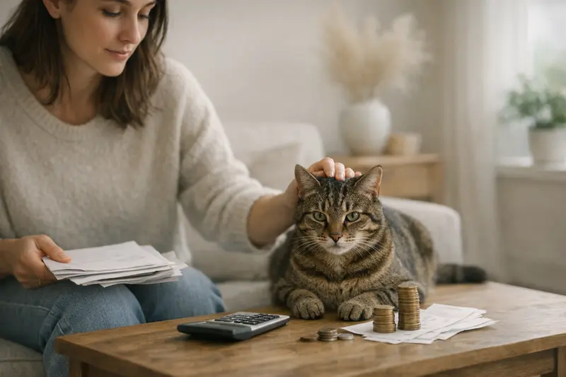 Selbstbeteiligung in der Katzenkrankenversicherung Katzenhalterin betrachtet die Krankenversicherung für ihre Katze und die Rolle der Selbstbeteiligung bei der Beitragswahl.