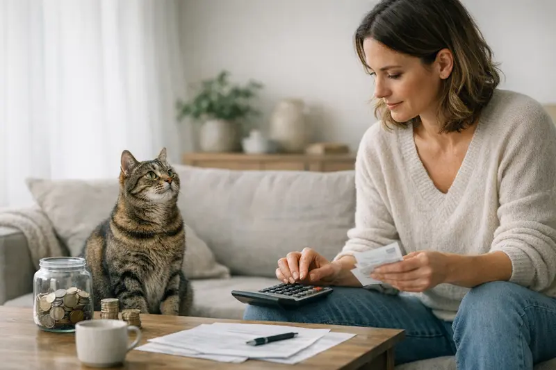 Eine Katze sitzt auf einem Tisch, während ein Tierarzt die Gesundheitsakte überprüft.