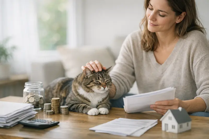 Selbstbeteiligung und Katzenversicherung Eine Katze sitzt neben einer Rechnung und überlegt, wie die Selbstbeteiligung die monatlichen Versicherungsbeiträge beeinflusst.