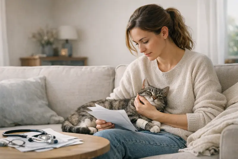 Wichtige Tarifdetails der Katzenversicherung Eine Katze wird von einem Tierarzt untersucht, während die Kosten einer Katzenversicherung besprochen werden.