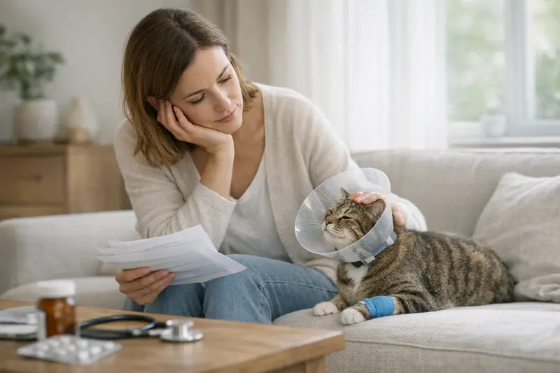 Eine besorgte Katzenbesitzerin überprüft ihre Versicherungspolice.