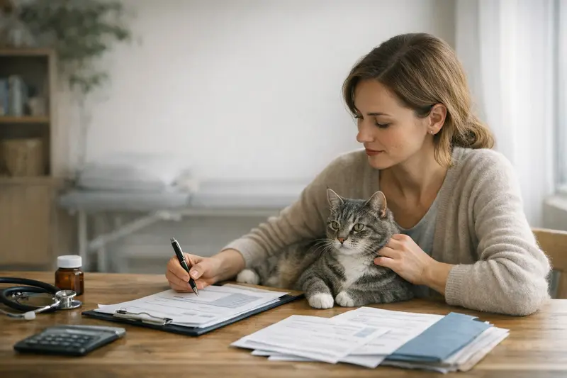 Beratung zur Katzenversicherung Eine Katze mit einer Tierarzthelferin, die eine medizinische Behandlung erklärt.