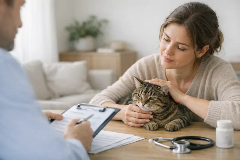 Katze bei der Untersuchung durch einen Tierarzt zur Klärung von Vorerkrankungen für die Versicherung.