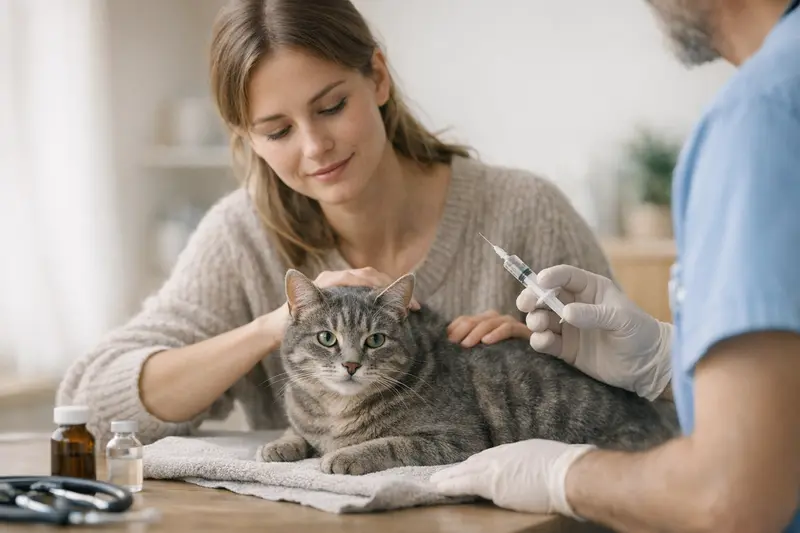 Eine Katze erhält eine Impfung beim Tierarzt, was Teil der Vorsorge für ihre Gesundheit ist.