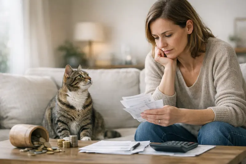 Eine Katze sitzt nachdenklich, während ihre Behandlungskosten und Limits für die Versicherung besprochen werden.