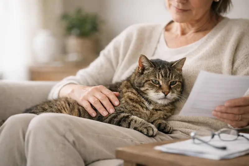 Senior-Katze Versicherung Senior-Katze liegt entspannt auf einer Decke und wird von ihrem Besitzer betrachtet.