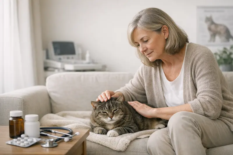 Tierarztbesuch bei älterer Katze Ältere Katze wird von Tierarzt untersucht, zeigt die Bedeutung einer umfassenden Krankenversicherung.