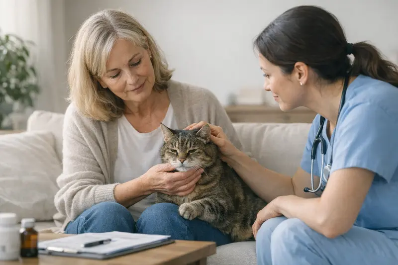 Katzenarztbesuch für Vorsorgeleistungen Eine Katze beim Tierarzt untersucht, um Vorsorgeleistungen der Katzenkrankenversicherung zu erklären.