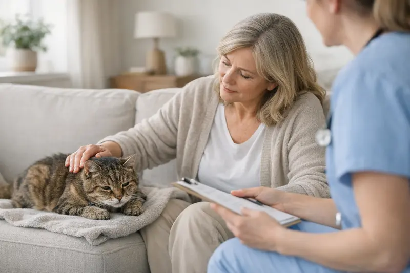 Eine Senior-Katze auf einem Gesundheitsthema, die vom Tierarzt untersucht wird, während der Halter Informationen zu Vorerkrankungen einholt.