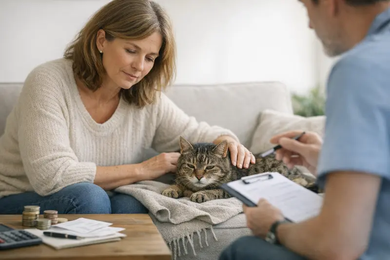 Eine Senior-Katze in einer Tierarztpraxis, die auf die Auswirkungen der Selbstbeteiligung bei ihrer Krankenversicherung eingeht.