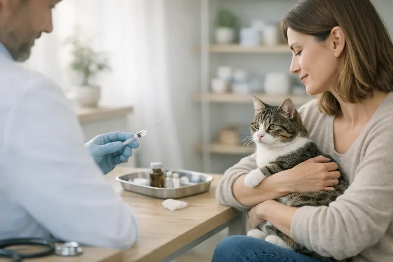 Tierarztbesuch zur Vorsorge von Katzen Eine Katze wird vom Tierarzt untersucht, während der Halter über Vorsorgekosten und Impfungen informiert wird.
