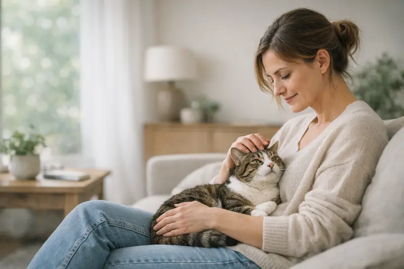 Eine glückliche Katze entspannt sich, während der Besitzer über die Vorteile einer Katzenkrankenversicherung nachdenkt.