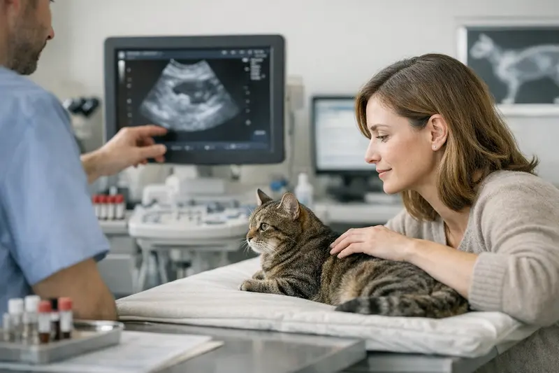 Katzenaerztin untersucht eine Katze mit modernen Bildgebungsgeräten.