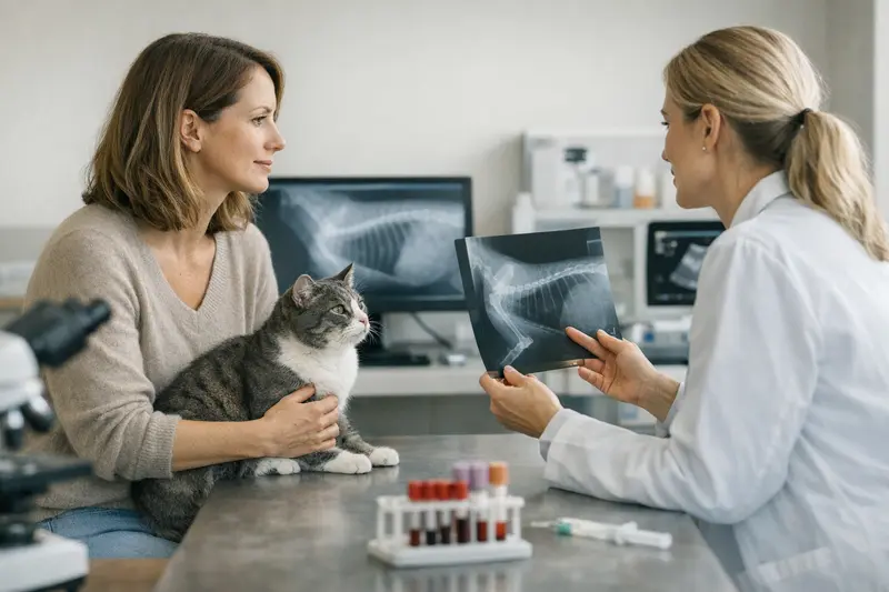 Eine Katze beim Tierarzt, während Blutuntersuchungen durchgeführt werden.