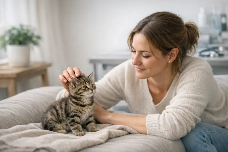Tierarztbesuch für junge Katze Junge Katze beim Tierarzt während einer Untersuchung, um die Bedeutung der Krankenversicherung zu verdeutlichen.
