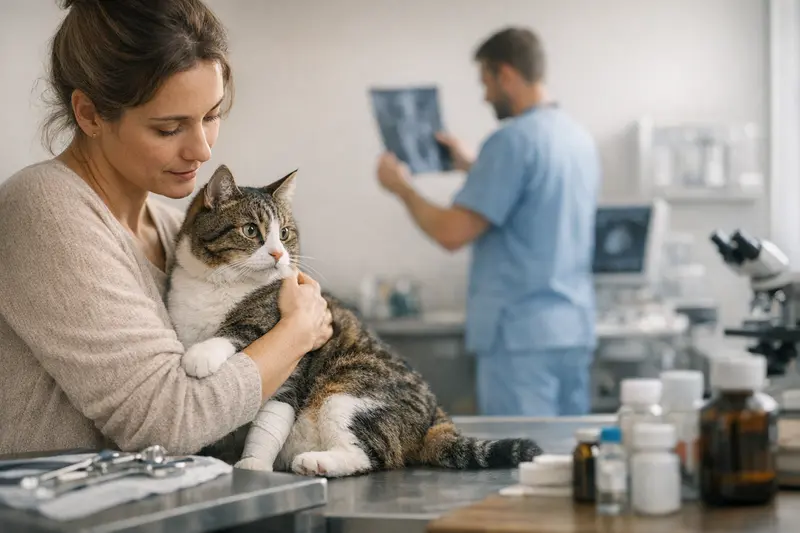Tierarztbesuch einer Katze Eine Katze beim Tierarzt, die eine medizinische Untersuchung erhält, um die Kosten für verschiedene Behandlungen zu verdeutlichen.