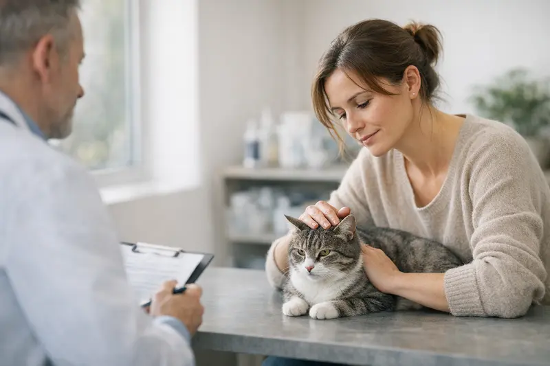 Tierarztbesuch einer Katze zur Untersuchung Eine Katze beim Tierarzt, die untersucht wird, um Vorerkrankungen festzustellen.