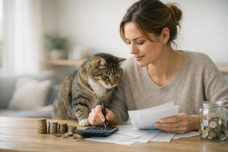 Katzenkrankenversicherung und Selbstbeteiligung Ein Tierarzt untersucht eine Katze, während die Halterin über die Selbstbeteiligung ihrer Katzenkrankenversicherung nachdenkt.