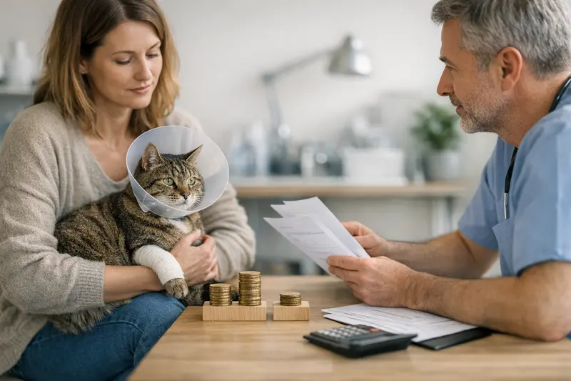 Katzenkrankenversicherung und Tierarztkosten Eine Katze beim Tierarzt, bevorstehende Behandlung und Kosten im Fokus