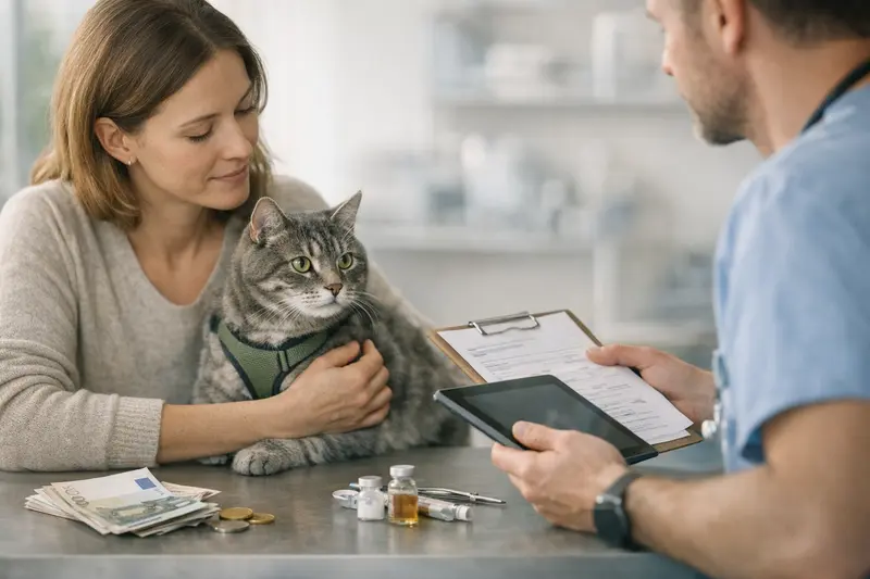 Eine Katze wird von einem Tierarzt untersucht, um die Bedeutung von Erstattungen im Gegensatz zu niedrigen Beiträgen zu verdeutlichen.