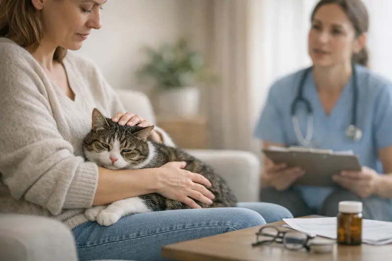 Tierarztuntersuchung einer Katze Eine besorgte Katze beim Tierarzt, die auf mögliche Vorerkrankungen untersucht wird.