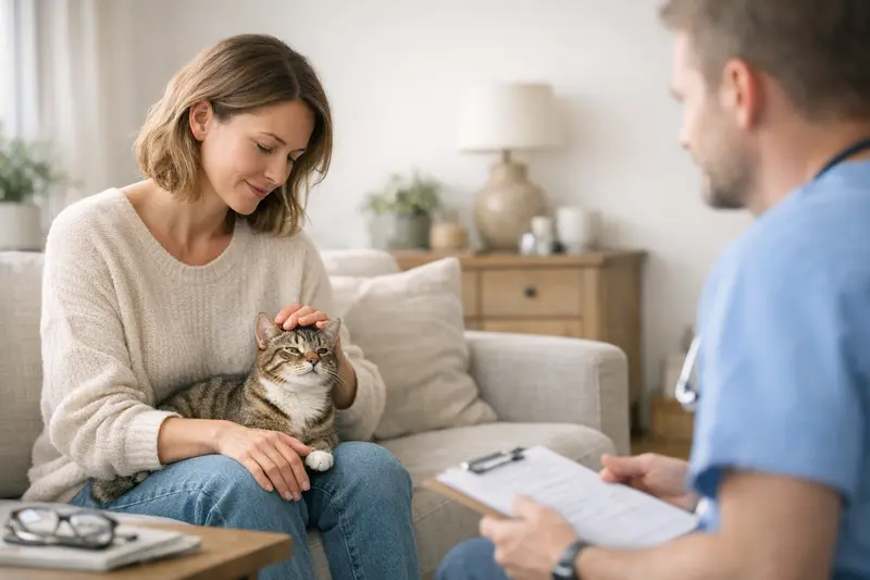 Eine Katze sitzt entspannt beim Tierarzt, um die Wichtigkeit einer Krankenversicherung zu verdeutlichen.