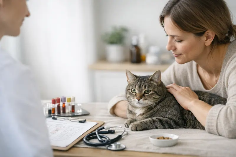 Tierarztuntersuchung bei Katzen Eine Katze wird beim Tierarzt untersucht, um die Relevanz von Vorsorgeleistungen zu verdeutlichen.