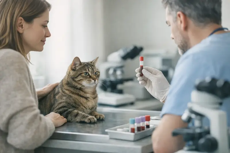 Blutuntersuchung bei Katzen Tierarzt bei der Durchführung einer Blutuntersuchung an einer Katze.
