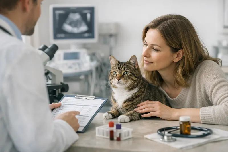 Tierarztbesuch Katze Eine Katze beim Tierarzt, die für eine Untersuchung vorbereitet wird.