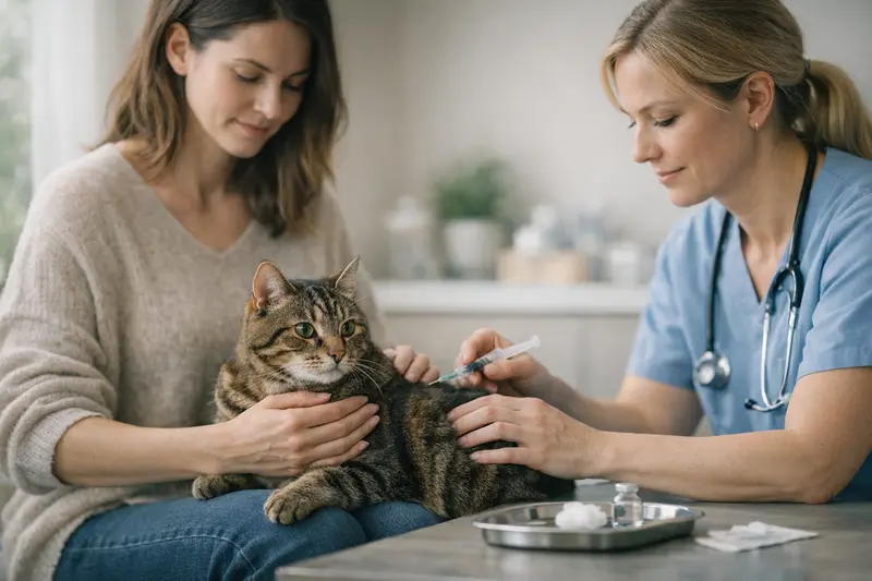 Katzenkrankenversicherung und Vorsorgeleistungen Eine Katze beim Tierarzt zeigt die Notwendigkeit einer Katzenkrankenversicherung für Vorsorge wie Impfungen.