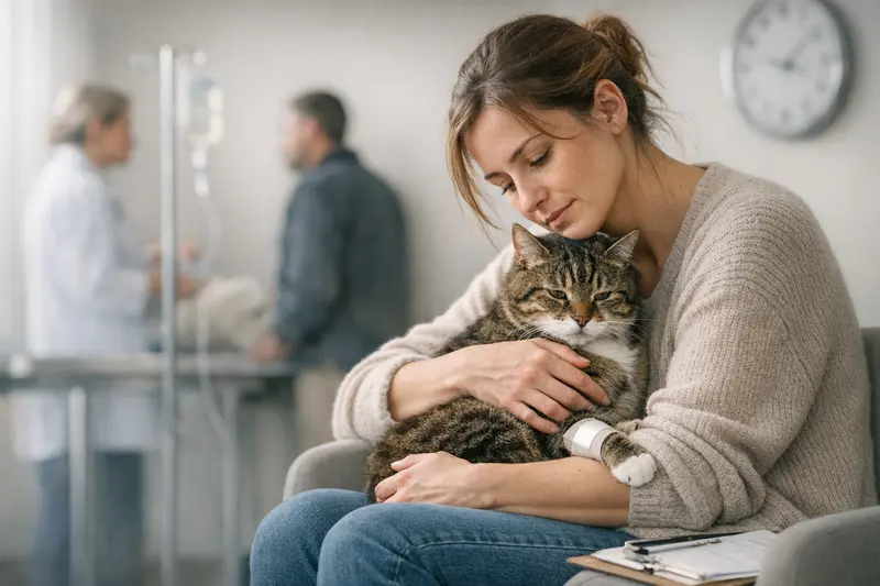 Bedeutung von Wartezeiten in der Katzenkrankenversicherung Katzencollage mit einem Tierarztbesuch, der die Bedeutung von Wartezeiten in der Krankenversicherung verdeutlicht.