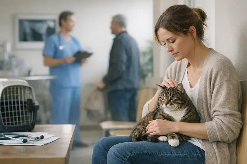 Tierarztuntersuchung bei Katzen Eine Katze wird von einem Tierarzt untersucht, während eine Pflegekraft assistiert.