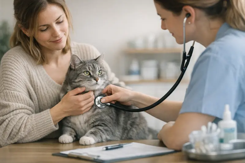 Katzengesundheit: Tierarztuntersuchung bei einer Katze zur Klärung von Vorsorgemaßnahmen.