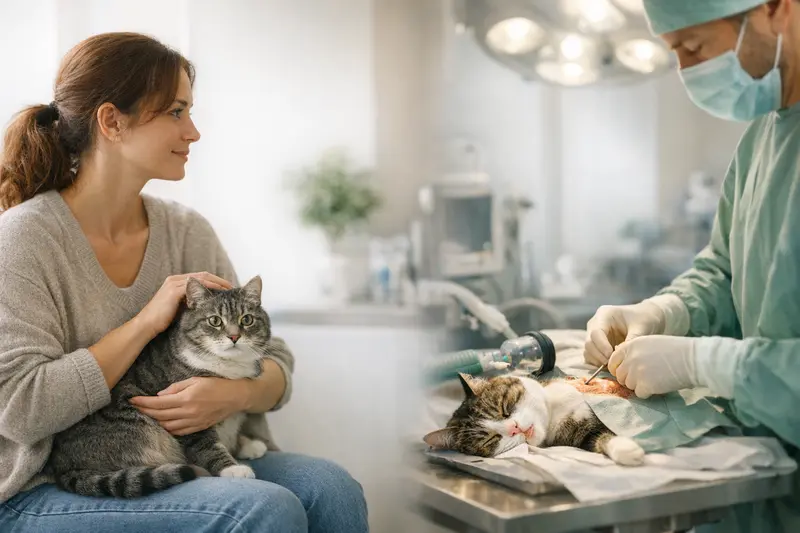 Eine Katze wird vom Tierarzt untersucht, um herauszufinden, ob eine OP-Versicherung oder Katzenkrankenversicherung sinnvoll ist.