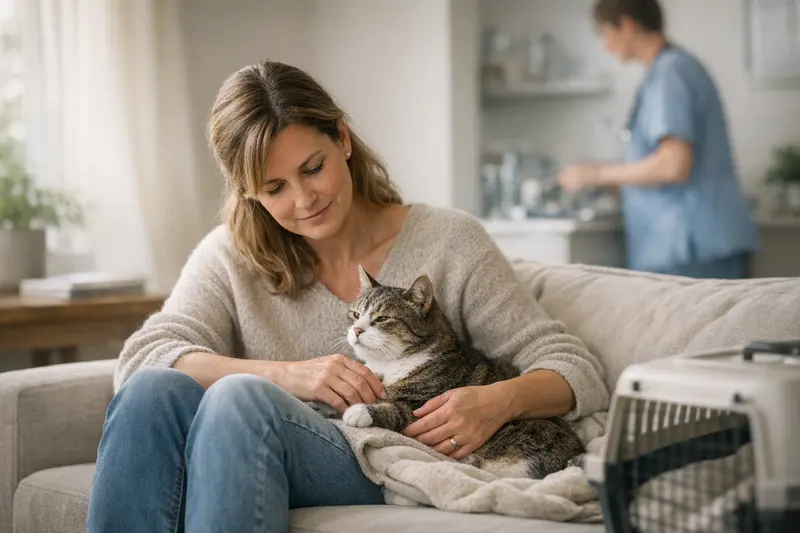 Ältere Katze - Einfluss des Alters auf die Krankenversicherung Eine ältere Katze sitzt entspannt auf einer Decke und wird von ihrer Besitzerin sanft gestreichelt.