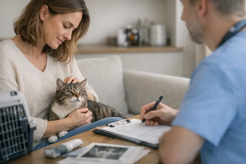 Eine Katze beim Tierarzt, die eine Untersuchung erhält und die Wichtigkeit einer Katzenkrankenversicherung verdeutlicht.