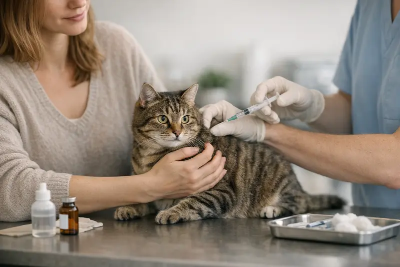Katzenimpfung und Krankenversicherung Eine Katze beim Tierarzt zur Impfberatung für eine Katzenkrankenversicherung.