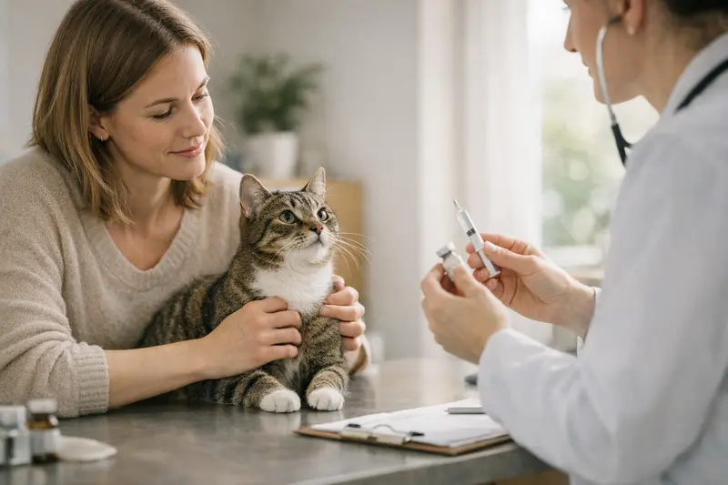 Eine Katze auf dem Tablett eines Tierarztes, die zur Vorsorgeuntersuchung gebracht wird.