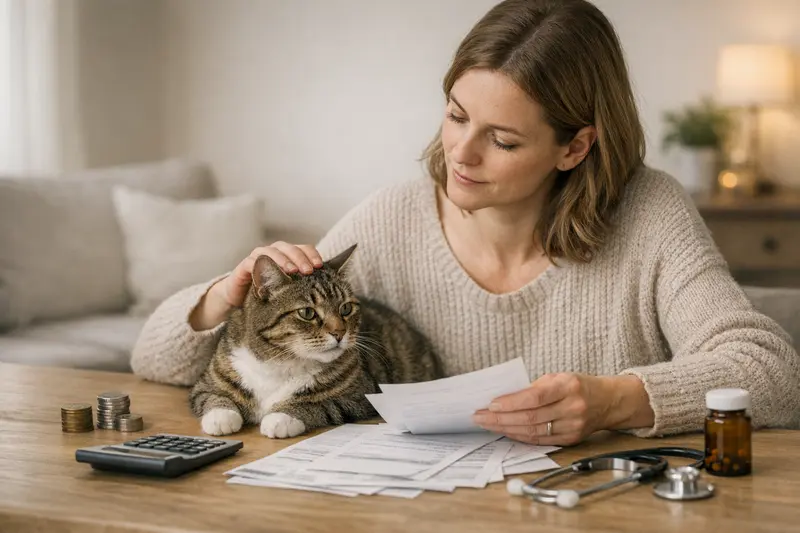 Tierarztkosten und Selbstbeteiligung bei Katzenversicherungen Eine Katze sitzt entspannt in einer Tierarztpraxis, während der Tierarzt die Kosten für eine Behandlung erläutert.